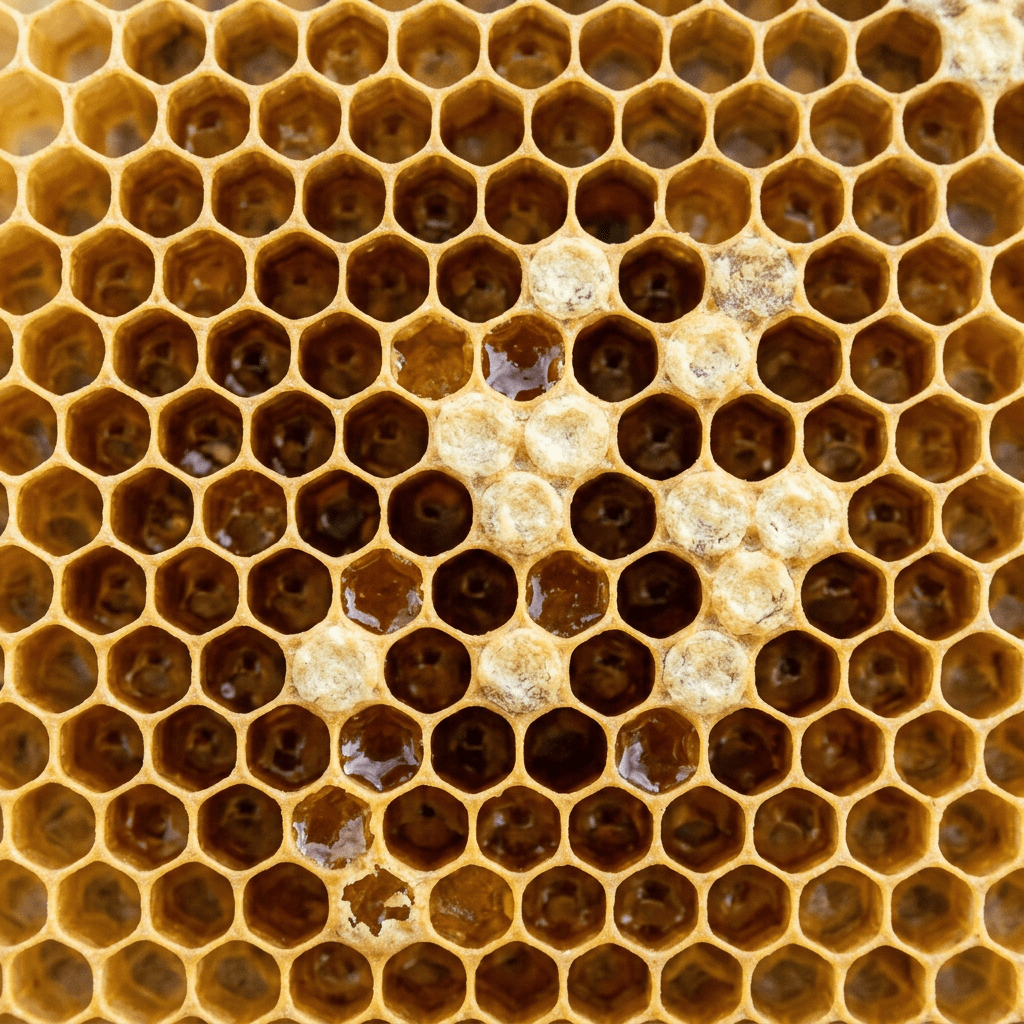 Hexagonal honeycomb cells with some capped brood cells and honey-filled cells