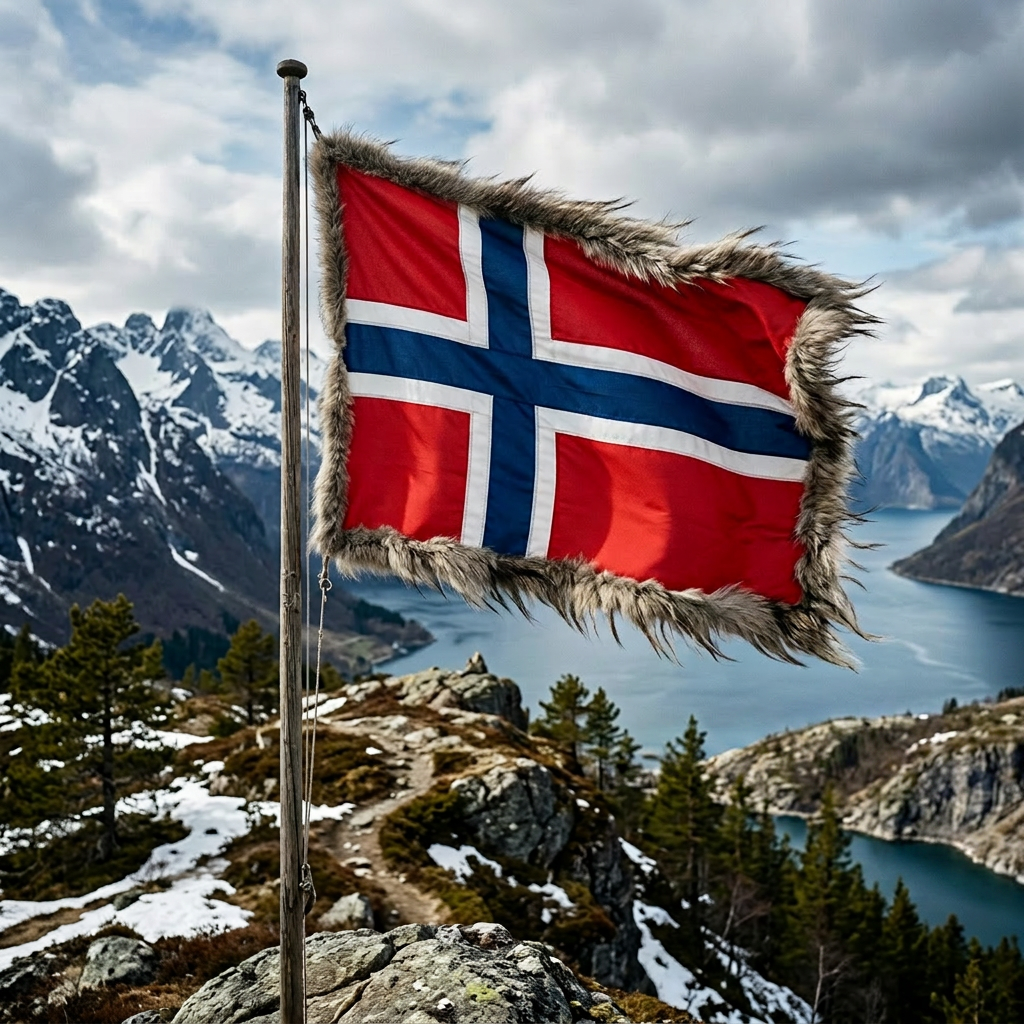 Norwegian flag with fur border flying on a pole above a mountainous fjord landscape